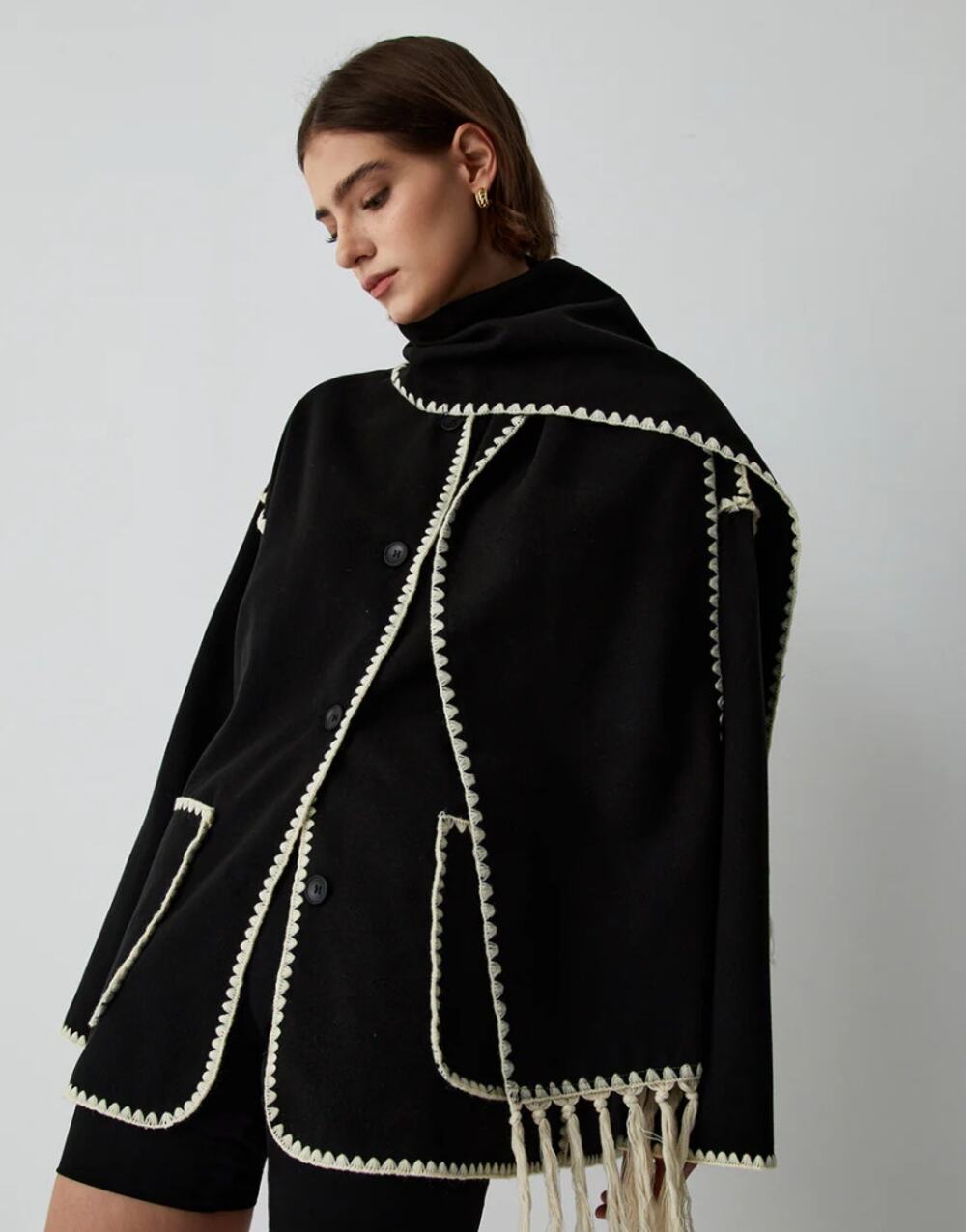 Commense Black Contrast Trim Fringe Scarf Jacket Coat XL NWT - Parisian Chic